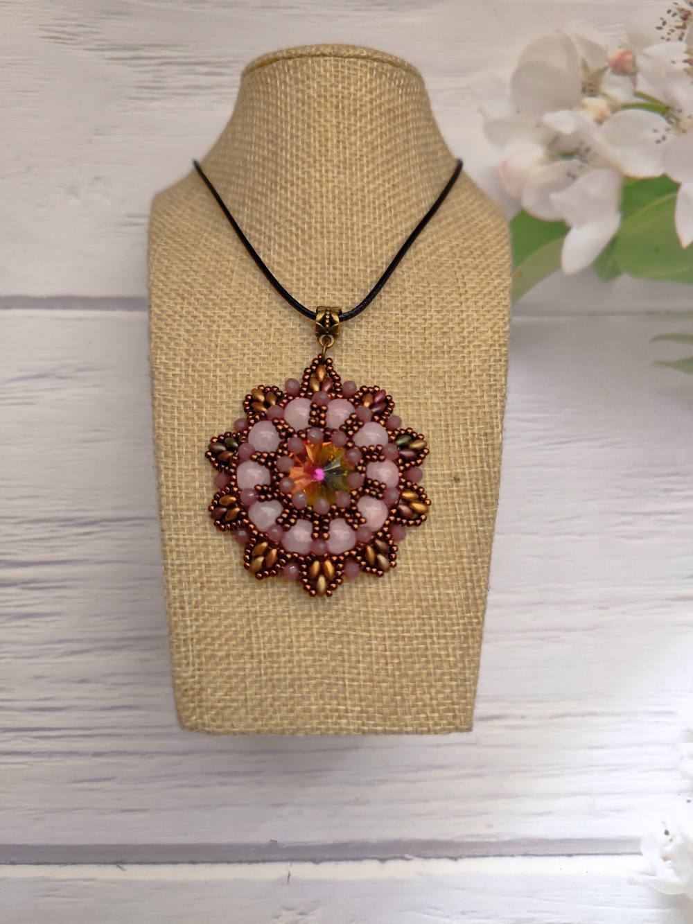 Handcrafted Pink Bead Flower Pendant Necklace - Picture 3 of 10
